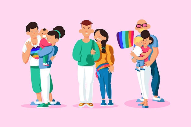 Free vector couples and families celebrating pride day