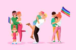 Free vector couples and families celebrating pride day