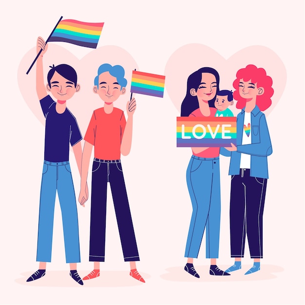 Free vector couples and families celebrating pride day