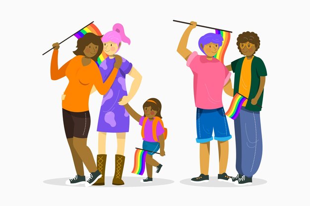 Free vector couples and families celebrating pride day