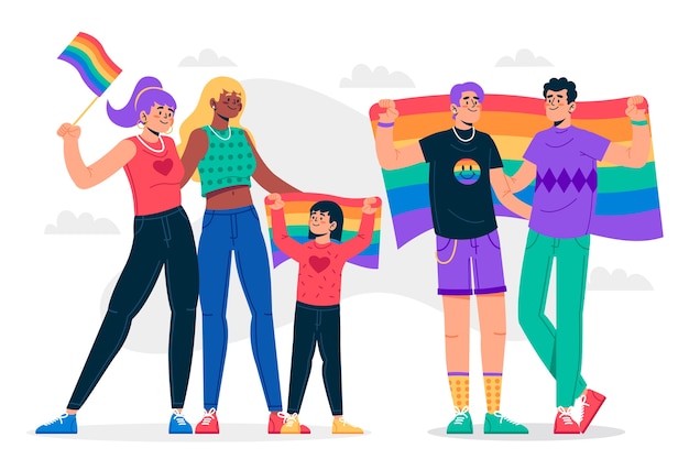 Free vector couples and families celebrating pride day