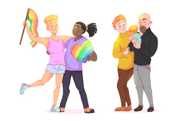 Free vector couples and families celebrating pride day