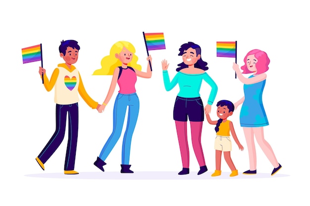 Free vector couples and families celebrating pride day