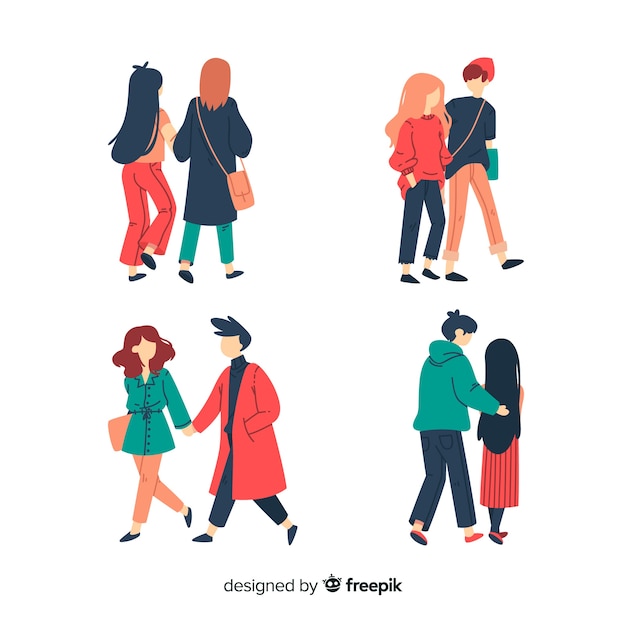Бесплатное векторное изображение Пары гуляют вместе в зимней одежде