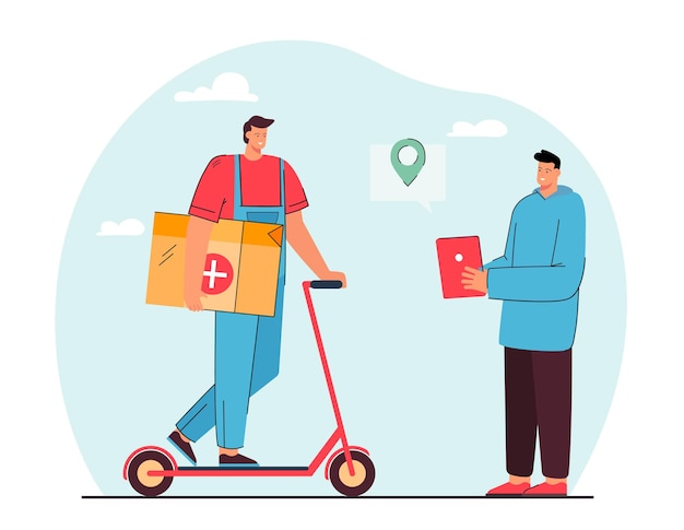 Free vector courier delivering medications to patient using online tracking. pills tablets fast contactless home delivery using web app. first aid, healthcare concept. cartoon flat illustration