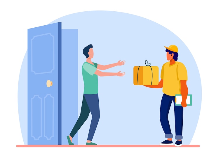 मुफ़्त वेक्टर courier delivering order to customer door. man getting parcel, box, package flat vector illustration. postman, shipping, service