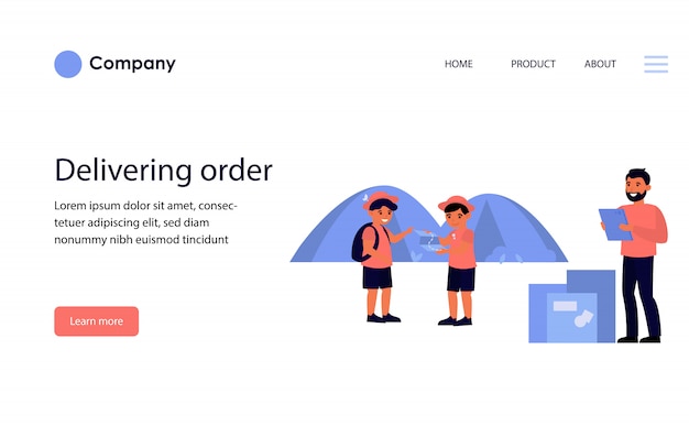 Corriere che consegna l'ordine al campo degli scout. modello di sito web o pagina di destinazione