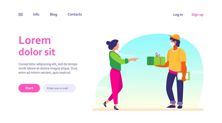 Free Vector courier delivering package to customer. young woman receiving parcel web template.