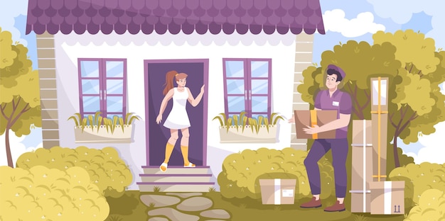 Бесплатное векторное изображение Плоская композиция курьерской доставки с открытым пейзажным жилым домом с хозяином и курьером с иллюстрацией посылок