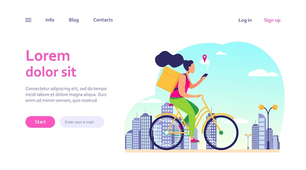 Free vector courier riding bike and checking address on phone. woman delivering order, using cell with map web template.