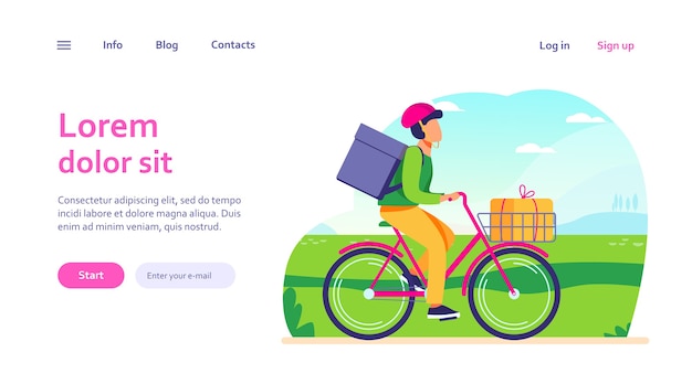 小包と自転車に乗る宅配便。カートとバックパックのwebテンプレートでボックスを運ぶ自転車の男。