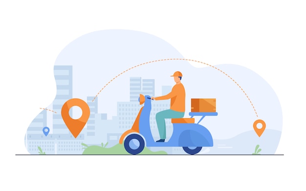 Courier shipping package at moped flat illustration
