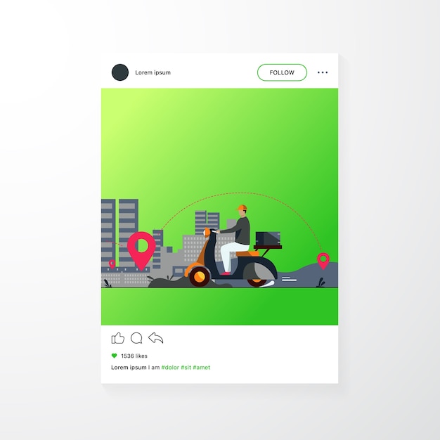 Pacchetto di spedizione del corriere all'illustrazione piana di vettore del ciclomotore. uomo di servizio del fumetto consegna pacchi e utilizza la navigazione gps. ordine e concetto di consegna espressa.