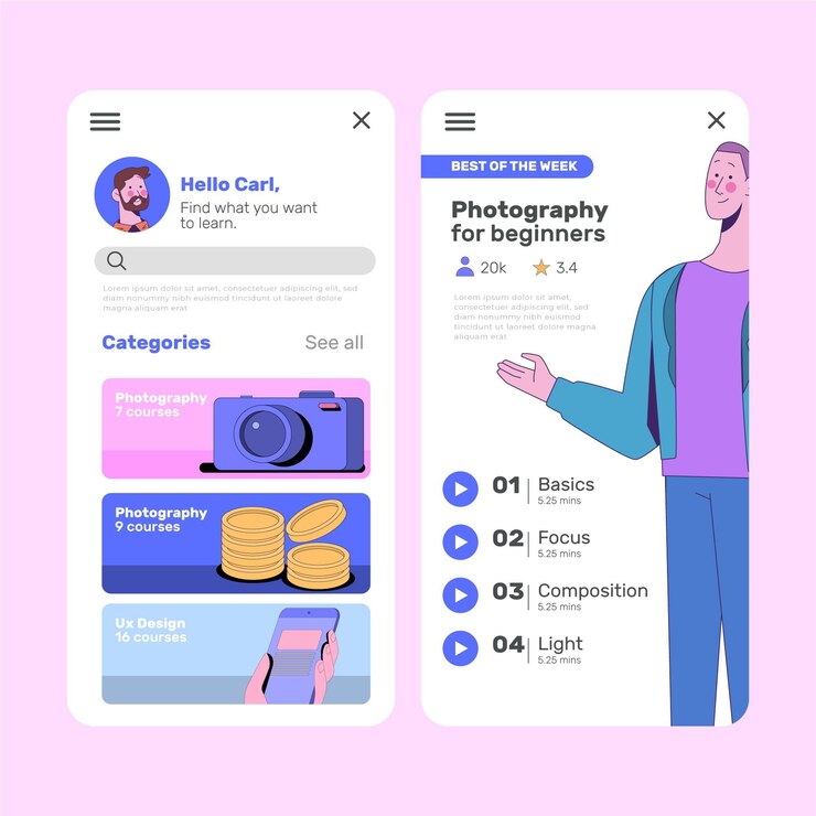 Free Vector course app screens