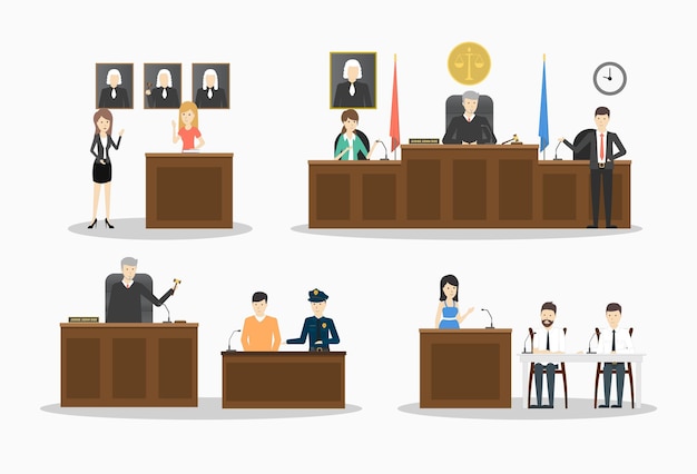 법원 삽화는 흰색 배경에 변호사와 증인 판사와 경찰을 설정합니다.