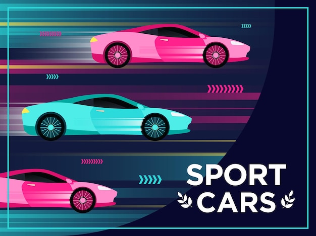 Cover design with moving sport cars. Fast cars in motion  illustrations with text and frame.