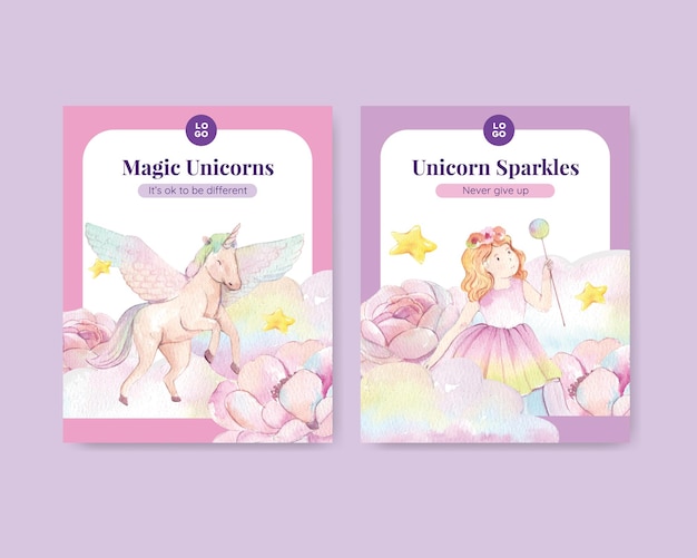 Modello di copertina con unicorno in stile acquerello