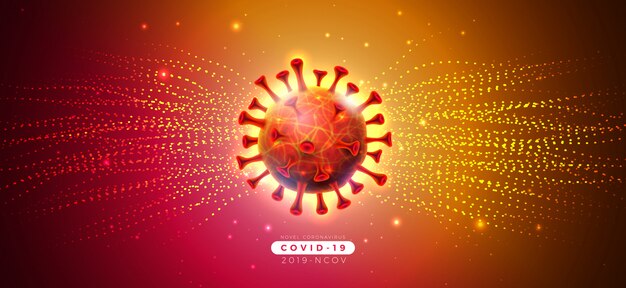 COVID-19. Эпидемический дизайн коронавируса с падающей вирусной клеткой и типографским письмом