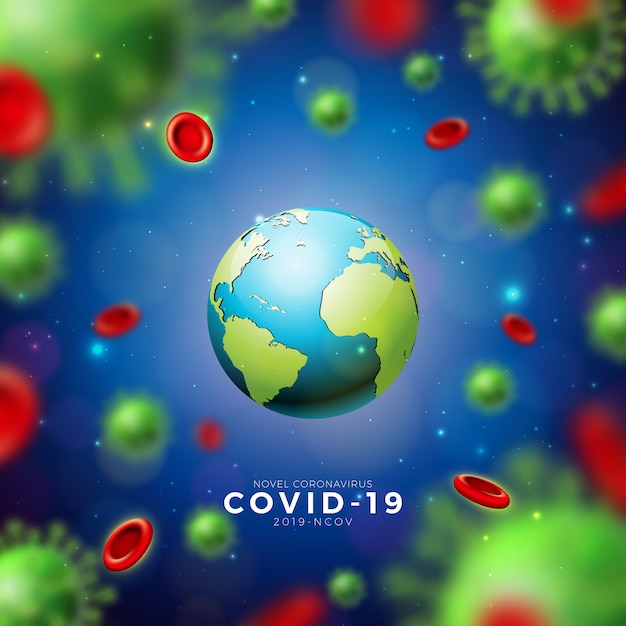 코로나 19. 바이러스 및 혈액 세포와 지구를 사용한 코로나 바이러스 전염병 디자인