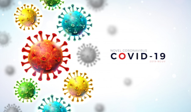 Vettore gratuito covid19. progettazione dell'epidemia di coronavirus con cellule di virus in caduta e lettera di tipografia su sfondo chiaro.