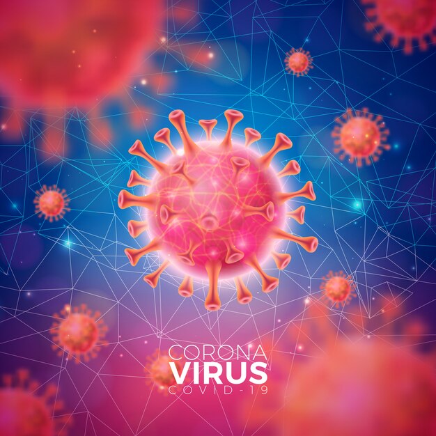 Covid-19. Coronavirus Outbreak Design with Red Virus Cell in Microscopic View on Blue Background.  Illustration Template on Dangerous SARS Epidemic Theme for Promotional Banner or Flyer.