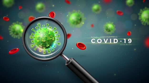COVID-19. Конструкция вспышки коронавируса с использованием микроскопа, вируса, клеток крови и увеличительного стекла