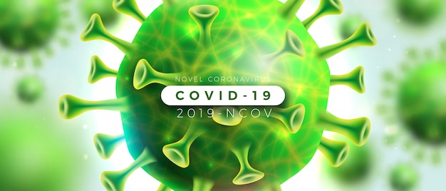 COVID19。明るい背景の顕微鏡ビューでのウイルスと血液細胞によるコロナウイルスアウトブレイクデザイン。 2019-ncovコロナウイルスバナーの危険なSARS流行テーマに関するイラスト