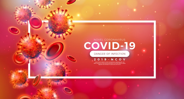 Covid-19. coronavirus outbreak design with virus and blood cell in microscopic view on shiny red background. 2019-ncov corona virus illustration on dangerous sars epidemic theme for banner.