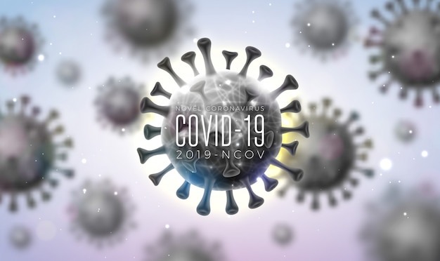 Бесплатное векторное изображение covid-19. дизайн вспышки коронавируса с вирусной ячейкой в микроскопическом виде на светлом фоне. 2019-ncov иллюстрация вируса короны на тему опасной эпидемии атипичной пневмонии для баннера.