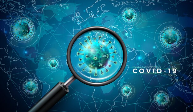 COVID19。世界地図の背景を微視的に見たウイルス細胞と拡大鏡を用いたコロナウイルスの発生のデザイン。