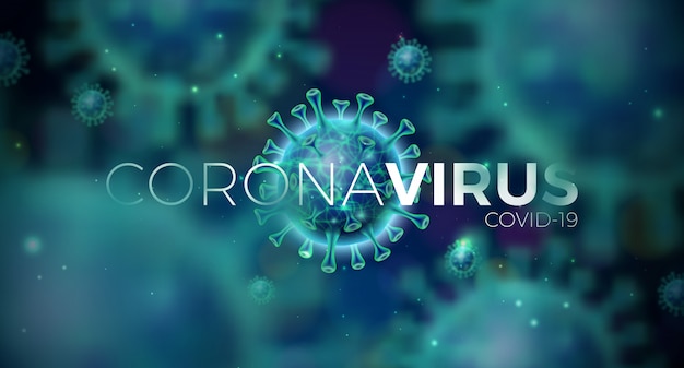코 비드 -19. 파란색 배경에 현미경보기에서 바이러스 세포와 코로나 바이러스 발발 디자인. 홍보 배너 또는 전단지 위험한 사스 전염병 테마에 그림 템플릿.