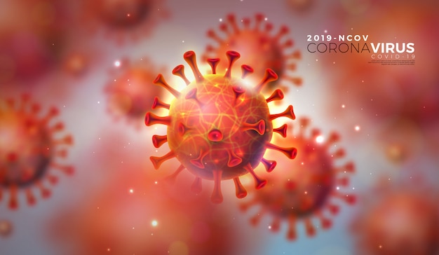 코 비드 -19. 반짝이 밝은 배경에 미세한보기에서 바이러스 세포와 코로나 바이러스 발발 디자인. 프로 모션 배너에 대 한 위험한 SARS 전염병 테마에 2019-ncov 일러스트 템플릿.