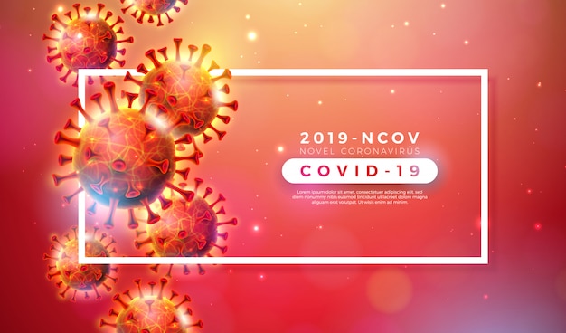 코 비드 -19. 반짝이 빨간색 배경에 미세한보기에서 바이러스 세포와 코로나 바이러스 발발 디자인. 프로 모션 배너에 대 한 위험한 SARS 전염병 테마에 2019-ncov 코로나 바이러스 그림.