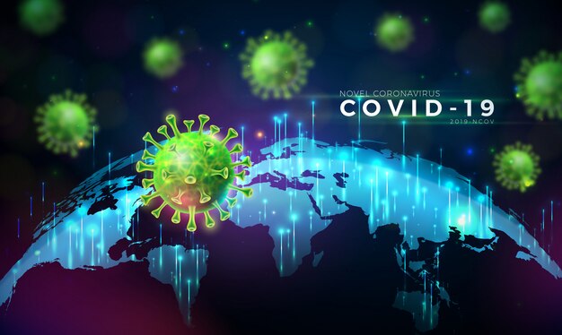 COVID19。世界地図の背景の顕微鏡ビューでのウイルス細胞によるコロナウイルスの発生の設計。