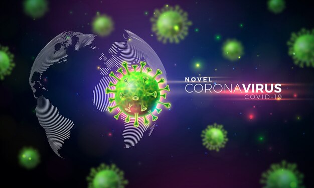 COVID-19. Дизайн вспышки коронавируса с вирусной ячейкой в микроскопическом изображении на фоне карты мира.