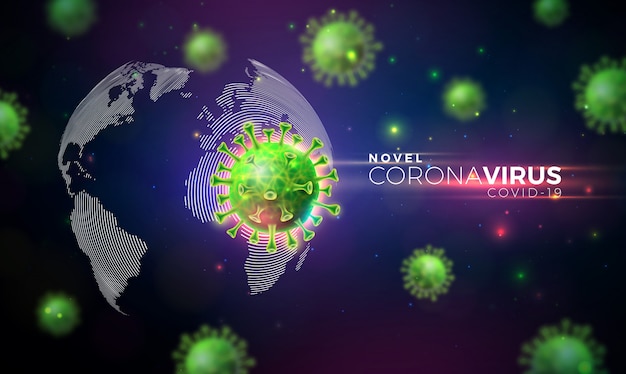 Covid-19. Coronavirus Outbreak Design with Virus Cell in Microscopic View on World Map Background.