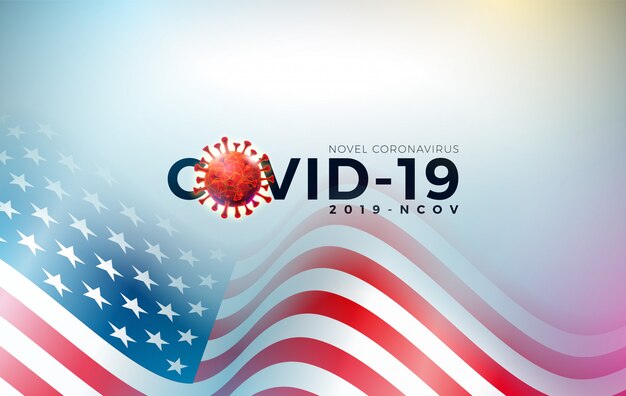 COVID19。ウイルス細胞と国旗を用いた米国デザインのコロナウイルスの発生