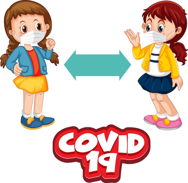 Covid-19 font in cartoon style with two children keeping social distance isolated on white background