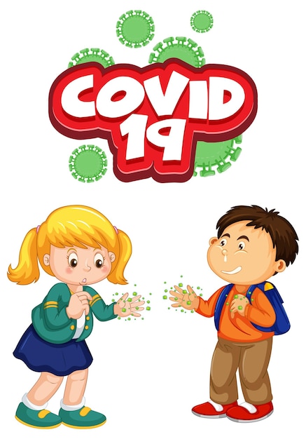 Free vector covid-19 font in cartoon style with two kids do not keep social distance isolated on white