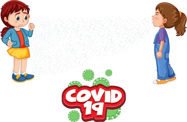흰색 배경에 격리된 사회적 거리를 유지하는 두 아이가 있는 코비드-19 글꼴 디자인
