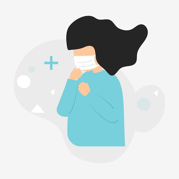 Free vector covid 19 infected woman wearing face mask and coughing vector