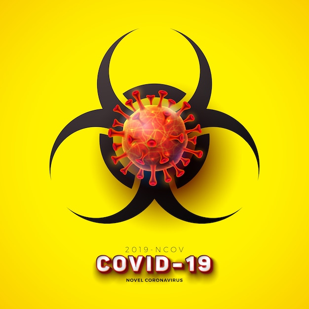 COVID19。ウイルス細胞と生物学的危険シンボルを使用した新しいコロナウイルスコンセプトデザイン
