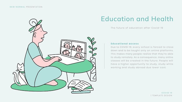 Free vector covid-19 online education template vector new normal presentation doodle illustration