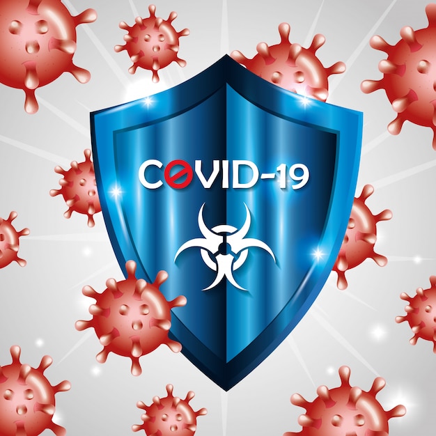 Free vector covid 19 particles and shield of campaign background