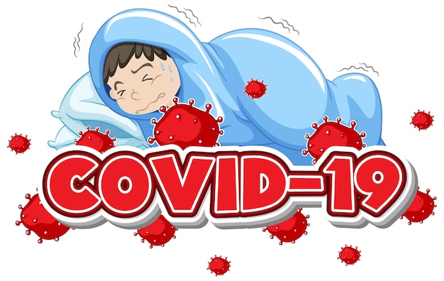 ベッドで病気の男の子とCovid 19サインテンプレート