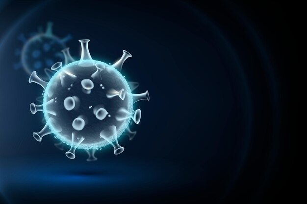 빈 공간이 있는 네온 블루의 코비드-19 바이러스 세포 벡터 테두리 배경