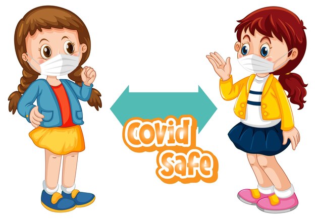 2人の子供が白い背景で隔離された社会的距離を保つ漫画スタイルのCovidSafeフォント