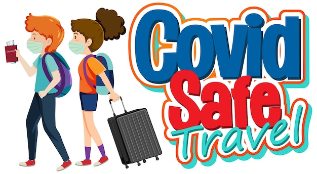 Covid Safe Travel typography design with passenger wearing mask