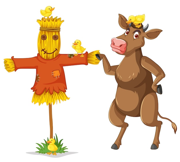 Бесплатное векторное изображение Корова и цыплята с чучелом