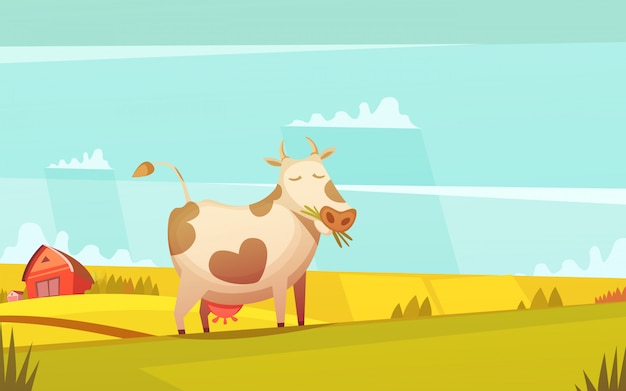 Manifesto divertente del fumetto dei terreni coltivabili del ranch del pascolo del vitello e della mucca con la casa dell'azienda su fondo